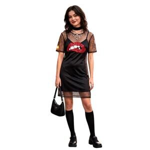 Sheer Mesh Sequin Lips Tunic Cover Up Top Dress Y2K Boho Festival Womens OS